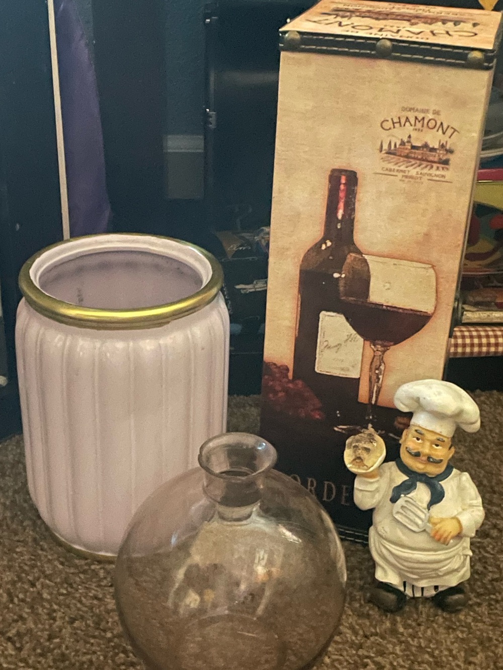 Vintage Italian Kitchen Decor 4 Pc Lot Heavy Wooden Wine Box Chef Wine Decanter